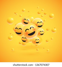 Group of high detailed yellow emoticons with spheres on yellow background for advertising, vector illustration