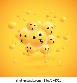 Group of high detailed yellow emoticons with spheres on yellow background for advertising, vector illustration
