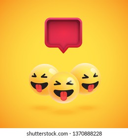 Group of high detailed yellow emoticons with a 3D speech bubble, vector illustration