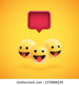 Group of high detailed yellow emoticons with a 3D speech bubble, vector illustration