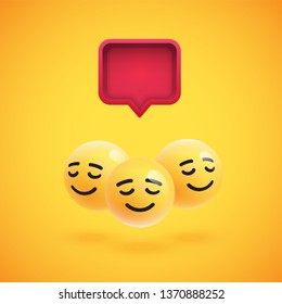 Group of high detailed yellow emoticons with a 3D speech bubble, vector illustration