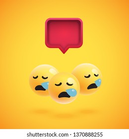 Group of high detailed yellow emoticons with a 3D speech bubble, vector illustration