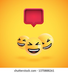 Group of high detailed yellow emoticons with a 3D speech bubble, vector illustration