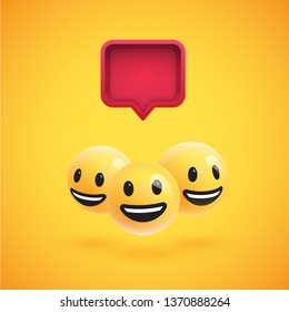 Group of high detailed yellow emoticons with a 3D speech bubble, vector illustration