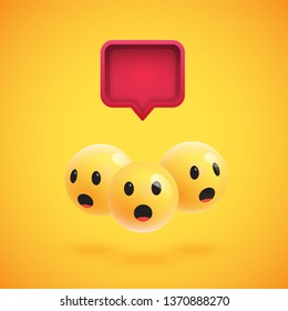 Group of high detailed yellow emoticons with a 3D speech bubble, vector illustration