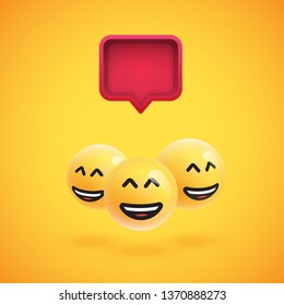 Group of high detailed yellow emoticons with a 3D speech bubble, vector illustration