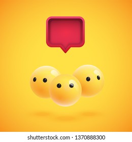 Group of high detailed yellow emoticons with a 3D speech bubble, vector illustration