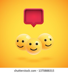 Group of high detailed yellow emoticons with a 3D speech bubble, vector illustration