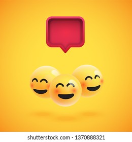 Group of high detailed yellow emoticons with a 3D speech bubble, vector illustration