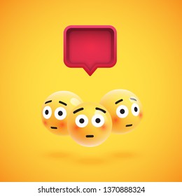 Group of high detailed yellow emoticons with a 3D speech bubble, vector illustration