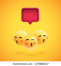Group of high detailed yellow emoticons with a 3D speech bubble, vector illustration