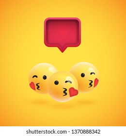 Group of high detailed yellow emoticons with a 3D speech bubble, vector illustration