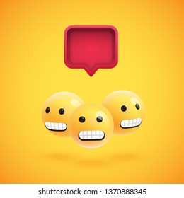 Group of high detailed yellow emoticons with a 3D speech bubble, vector illustration