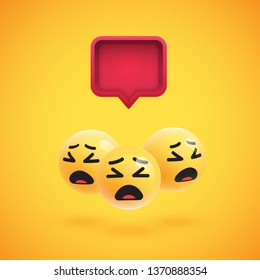 Group of high detailed yellow emoticons with a 3D speech bubble, vector illustration