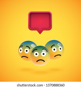 Group of high detailed yellow emoticons with a 3D speech bubble, vector illustration