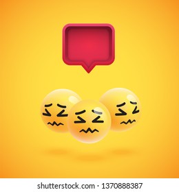 Group of high detailed yellow emoticons with a 3D speech bubble, vector illustration