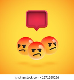 Group of high detailed yellow emoticons with a 3D speech bubble, vector illustration