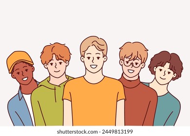 Group of high school guys smile and look at screen, for concept of multi-ethnic society. Positive teenage boys in casual clothes offer to join youth community or become member of university fraternity