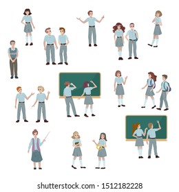 Group of high school students in uniform. Boy and girl answering homework near school board. College students. Teacher with a pointer. Vector flat cartoon style illustration.