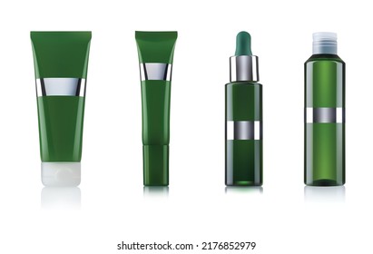 A group of highly realistic images of green plastic containers with cosmetic products isolated on a white background.