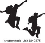 Group of Hiker jumping with backpack vector silhouette.