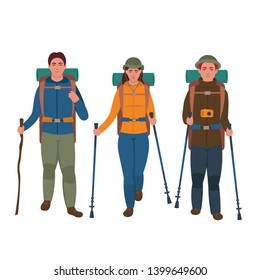 Group of hikers with backpacks are traveling. Vector illustration in cartoon style.