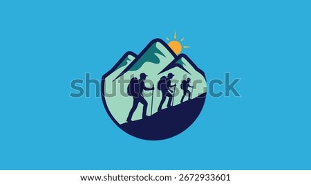 Group of hikers climbing a mountain under a bright sun. The image is focused on outdoor adventure and exploration.