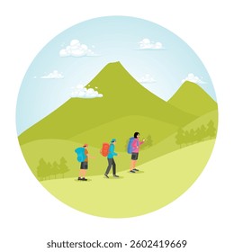 Group of hikers exploring scenic mountain landscape under a bright sky. Healthy lifestyle concept. Flat vector illustration
