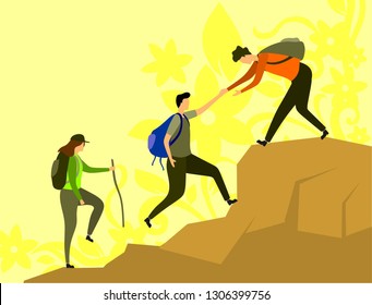 Group of hikers on a mountain. Woman helping her friend to climb a rock. Young people on mountain hike, vector illustration