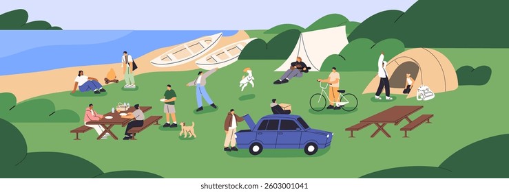 Group of hikers relaxes in campsite on river bank. People are in hiking camp with tents, cars, picnic table and campfire. Summer festival outdoors, holiday party at nature. Flat vector illustration.