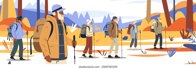 Group of hikers trekking in colorful landscape mountain scenery diverse people backpacks walking sticks nature adventure