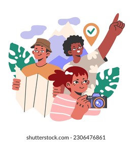 Group hiking or vacation. Characters exploring nature. Friends traveling outdoors together on holidays. Summer adventure in the woods and mountains. Flat vector illustration