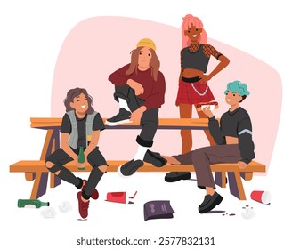 Group of hipster teenage friends eating junk food drinking unhealthy beverages on urban street vector illustration. Difficulties in raising teenagers, bad behavior problems, littering streets