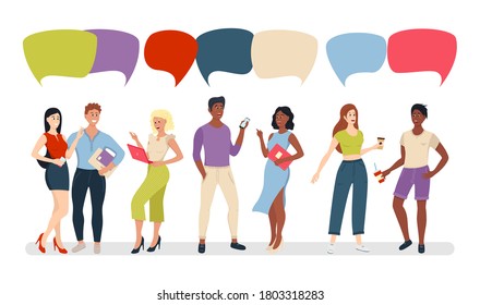 Group Of Hipsters People With Chat Bubbles Casual Young Men And Women Mix Race.  businessmen discuss social network, news, social networks, chat, dialogue speech bubbles