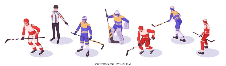 Grupo de jugadores de hockey de diferentes equipos en diferentes posiciones usando equipo deportivo y juego de casco en campeonato de invierno. Isometric vector ilustración