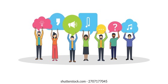 Grupo que sostiene diversas burbujas del discurso, Personas que sostienen burbujas coloridas del discurso con los iconos, comunicación y concepto de la expresión