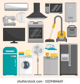 Group of home appliances isolated on white background. Kitchen equipment refrigerator home appliance domestic oven washing microwave electric home appliance cooking freezer tool