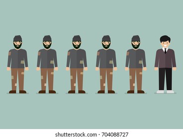 Group of homeless men and rich man character. Vector illustration