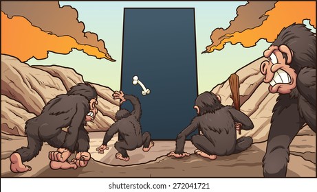 A group of hominids attacking a dark monolith. Vector clip art illustration with simple gradients. Each element on a separate layer.