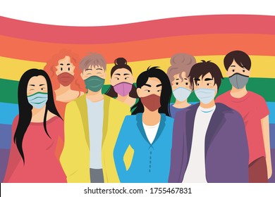 Group of homosexuals in medical masks with LGBT flag behind them. LGBT parade during coronavirus quarantine concept. LGBT community on rainbow color background. Vector illustration.