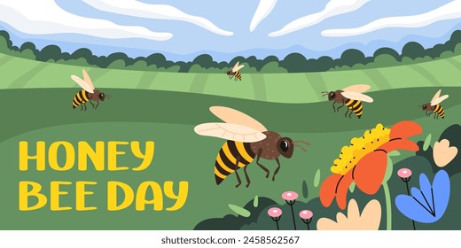 Group of honeybees fly around meadow and collect pollen from flowers. Honey bee day banner. Vector flat illustration.