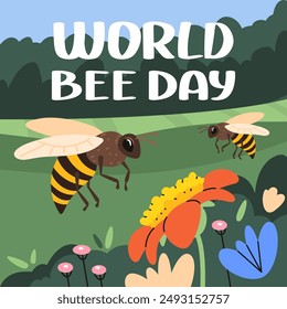 Group of honeybees fly around meadow and collect pollen from flowers. Honey bee day banner. Vector flat illustration.