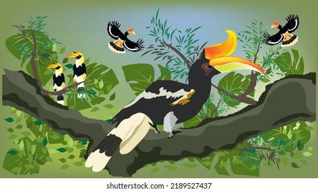 A group of hornbill birds on branch in the rainforest background colourfull design illustration isolated on background
