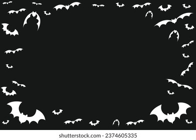 Group of horror bats isolated on a black vector. Halloween background. Flying bat silhouette white traditional Halloween symbol.