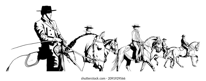 Group of horsemen with hat riding - vector illustration