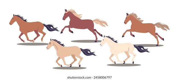 Group Of Horses Gallops Freely, Their Manes And Tails Flowing. Isolated Vector Illustration Captures Motion, Power