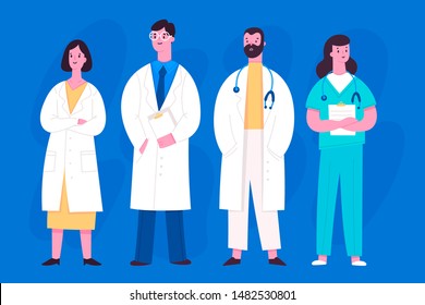 Group of hospital medical staff standing together. Various male and female medicine workers. Doctor, surgeon, physician, paramedic, nurse. Colored vector characters. Cartoon style. Flat design 