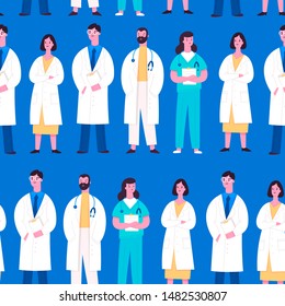 Group of hospital medical staff standing together. Various male and female medicine workers. Doctor, surgeon, physician, paramedic, nurse. Colored vector characters. Cartoon style. Seamless pattern