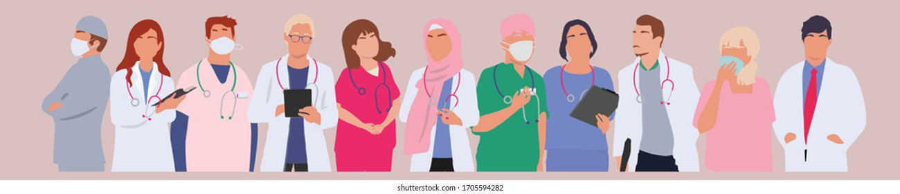 Group of hospital medical staff standing together fight corona virus. Male and female medicine workers - doctors, nurses, paramedics and physician characters. Vector illustration in flat style.