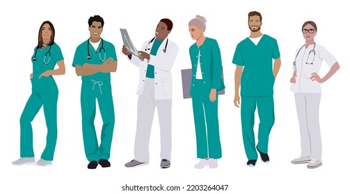 Group of hospital medical staff standing together in teal and white uniform . Male and female medicine workers - doctors, radiologist, paramedics, nurses isolated. Vector realistic illustration.